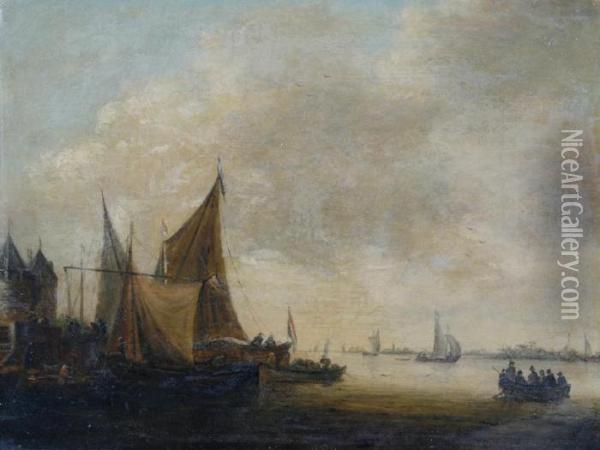 An Estuary Scene With Boats Beside A Shoreline Oil Painting - Jan van Goyen