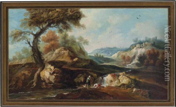 A Rocky Italianate Landscape With Hunters By A Stream Oil Painting - Marco Ricci