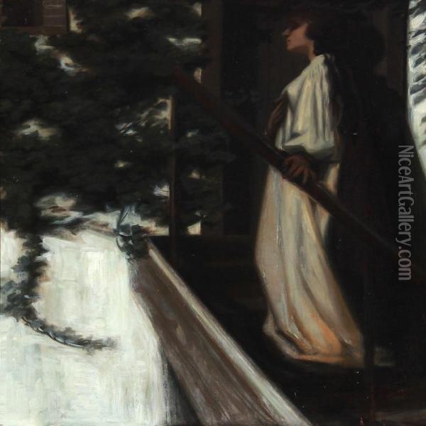A Woman On A Balcony Oil Painting - Harald Slott-Moller