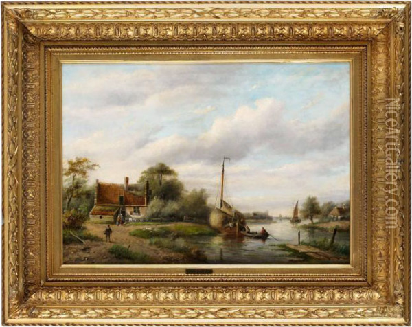 Figurer I Ett Flodlandskap Oil Painting - Jan Jacob Coenraad Spohler