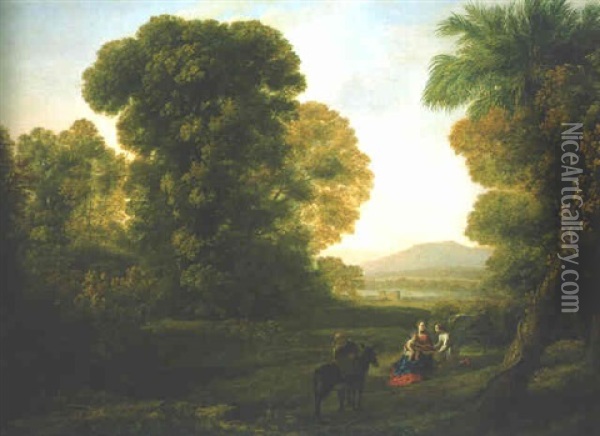 A Wooded Landscape With The Rest On The Flight To Egypt Oil Painting - Claude Lorrain