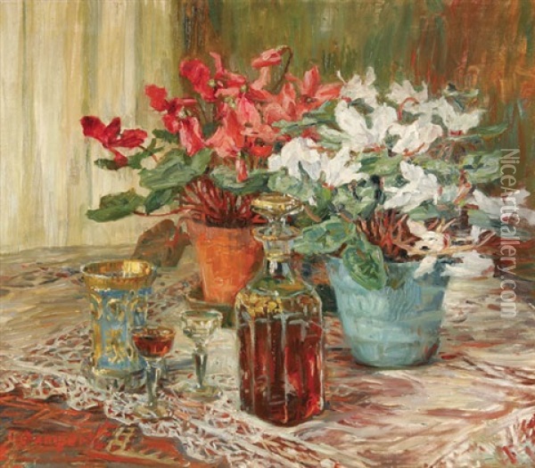 Floral Still Life On Lace Tablecloth Oil Painting - Otto Gampert