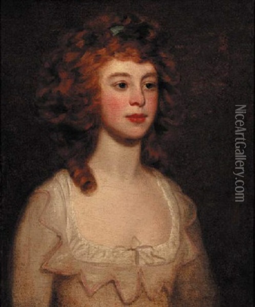 Portrait Of A Lady In A Cream Dress, Looking To Her Left Oil Painting - George Romney