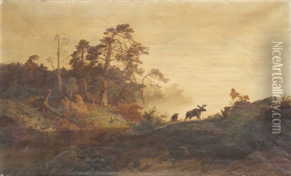 Schwedische Landschaft Mit Elchen Oil Painting - Axel Wilhelm Nordgren