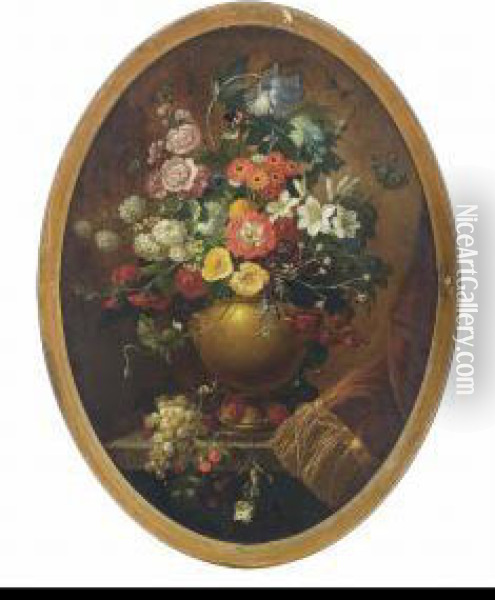 Narcissi, Carnations, Chrysanthemum And Other Flowers In An Urn On A Partially Draped Stone Ledge Oil Painting - Jan Van Huysum