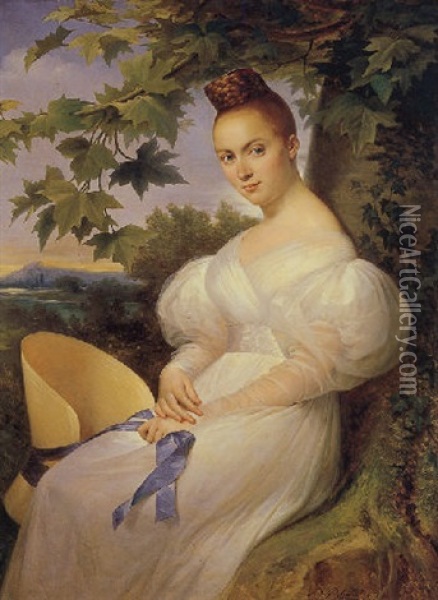 Portrait Of A Woman Seated Beneath A Tree Oil Painting - Merry-Joseph Blondel