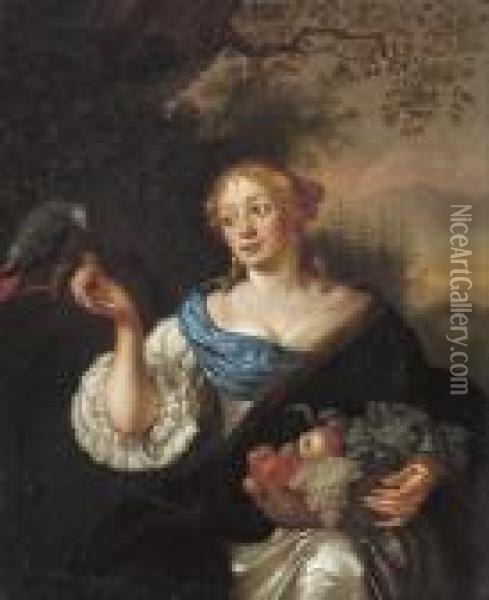 Portrait Of A Lady, 
Three-quarter-length, In A White Dress With Ablue Sash, Holding A Basket
 Of Fruit, Feeding A Parrot, In Alandscape Oil Painting - Caspar Netscher
