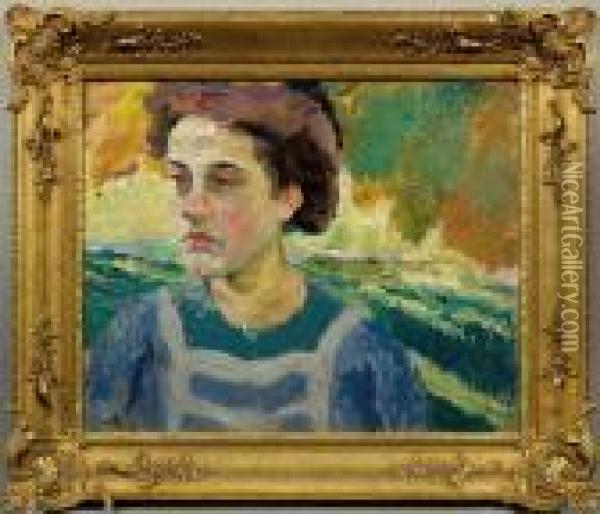 Brustportrait Einertraumverlorenen Jungen Frau Oil Painting - Edward Alfred Cucuel