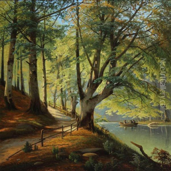 Forest Scenery With New Beech Leaves And People In Rowboat Oil Painting - Siegfried A. Sofus Hass