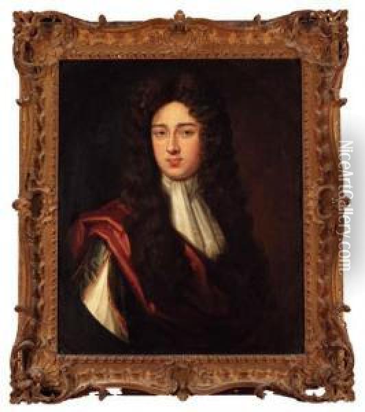 Portrait Of A Gentleman, Quarter-length, In A Red Cloak And Whitestock, Feigned Oval Oil Painting - Johann Closterman