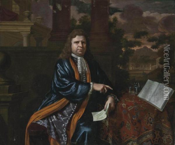 Portrait Of A Gentleman, Seated,
 Three-quarter-length, In An Embroidered Waistcoat And A Blue Coat, By A
 Draped Table, A Plan In His Left Hand, In A Classical Courtyard, A 
Landscape Beyond Oil Painting - Constantin Netscher