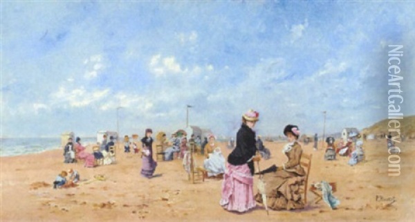 Elegant Ladies And Children Playing On The Beach Oil Painting - Paul Rossert
