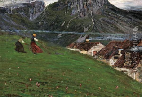 Two Figures On A Hillside Overlooking Village Roofs Oil Painting - Camillo, Millo Bortoluzzi
