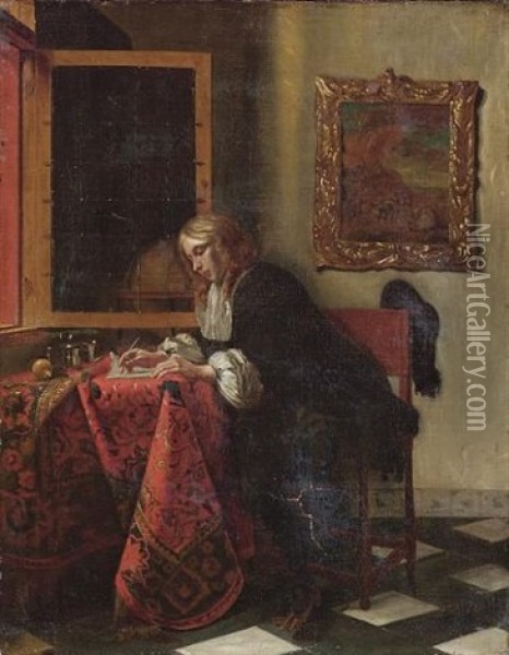 A Gentleman Writing A Letter At A Draped Table In An Interior Oil Painting - Gabriel Metsu