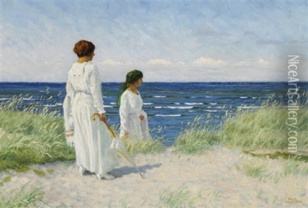 Two Young Women In Light Summer Dresses On Hornbaek Beach Oil Painting - Paul Fischer