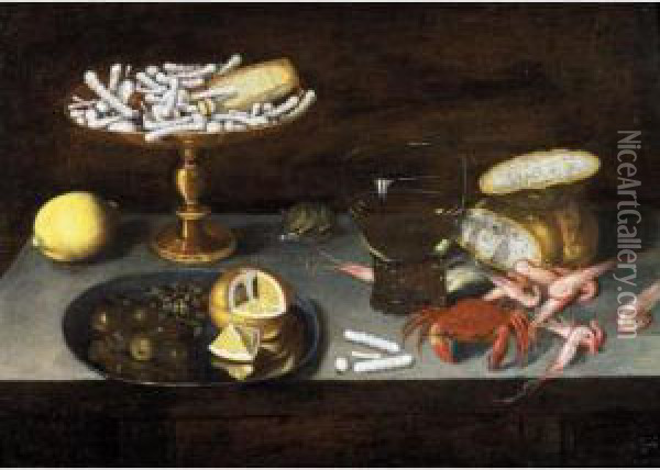 Still Life Of Sweetmeats On A 
Gilt Tazza, A Lemon, A Pewter Plate With Olives, Capers And A Lemon, A 
Roemer, A Bread-roll, Shrimps And A Crab, Together With A Mouse, All 
Upon A Table-top Oil Painting - Francesco Codino