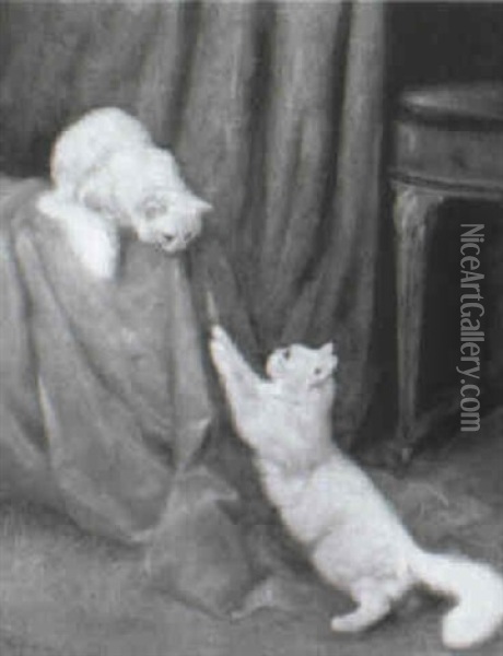 Playful White Cats Oil Painting - Arthur Heyer