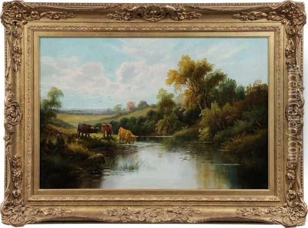 Highland Cattle At A River Oil Painting - Etty Horton