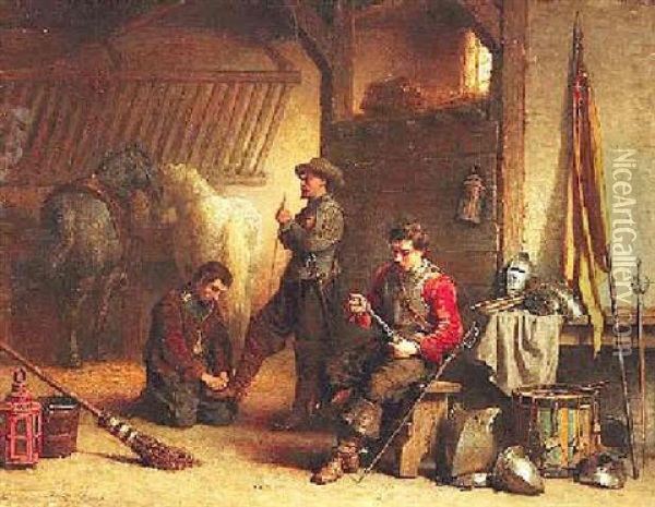 Musketiere Im Stall Oil Painting - Lambertus Lingeman
