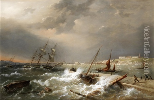Wild Weather In The Sound, Plymouth Oil Painting - Richard Brydges Beechey
