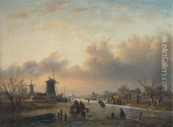 Skaters On A Dutch Waterway Before Windmills At Dusk Oil Painting - Jan Jacob Coenraad Spohler