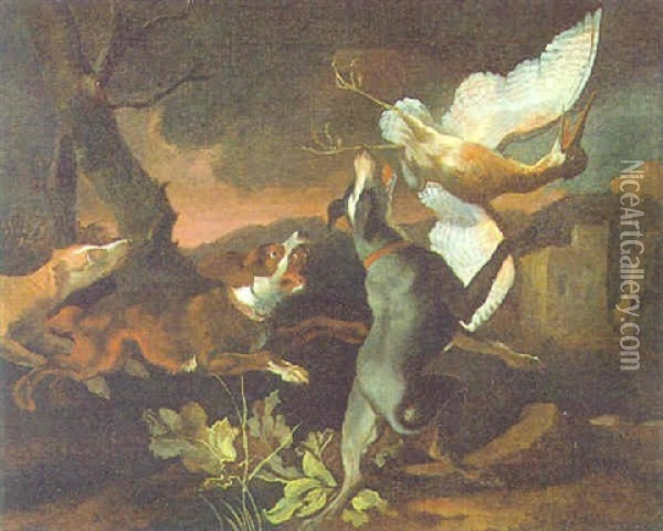 Drei Hunde Jagen Eine Schnepfe Oil Painting - Abraham Danielsz Hondius
