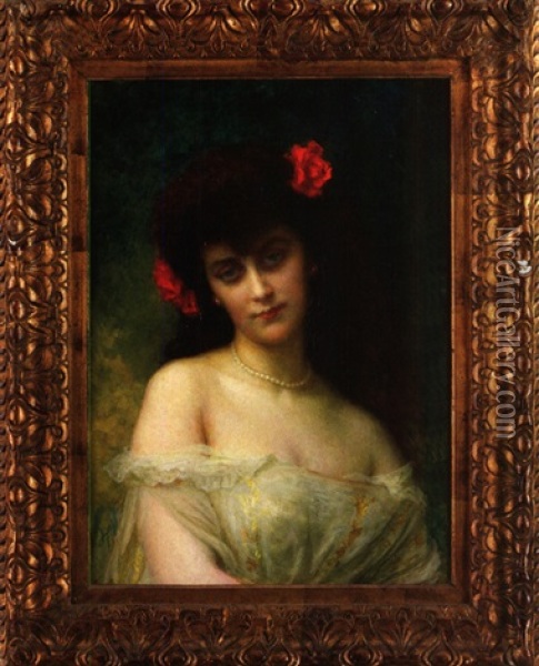 Bildnis Einer Dunkelhaarigen Eleganten Dame Mit Rotem Blumenhaarschmuck Oil Painting - Antoine Auguste Ernest Hebert