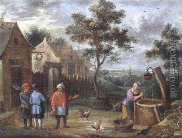 Cour De Ferme Avec Villageois Conversant Et Femme Tirant De L'eau Au Puits Oil Painting - Thomas Van Apshoven