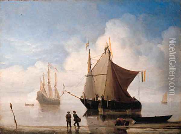A States yacht and other shipping offshore in a calm Oil Painting - Willem van de Velde the Younger