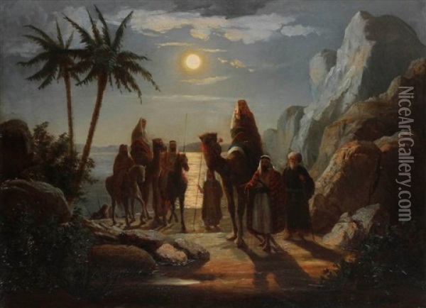 Caravane Sur La Mer De Galilee Oil Painting - John Carlin