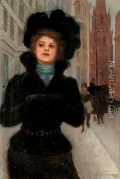 Elegant Lady In Winter, New York Oil Painting - Herman Hyneman