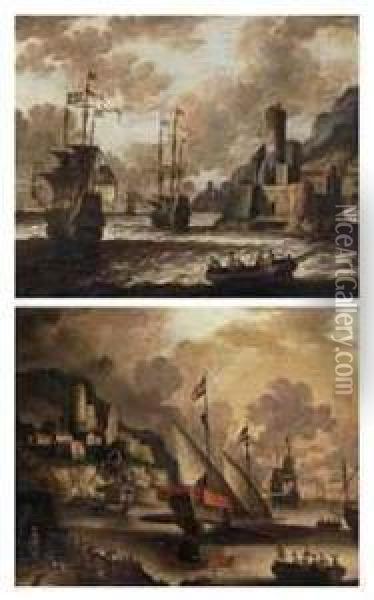 Dutch And English Man O'war Off The Coast Near A Fortified Town;and Galley's And Other Ships At Anchor In A Natural Harbor Near Afortified Town Oil Painting - Willem van de, the Elder Velde
