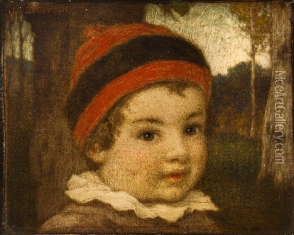 Kind Mit Roter Mutze Vor Einem Birkenwald Oil Painting - Ludwig Von Zumbusch