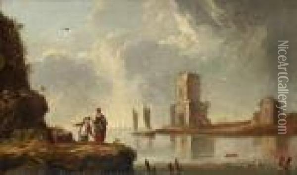 Flodlandskap Med Byggnader Och Figurer Oil Painting - Jean-Baptiste Pillement