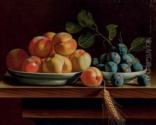 Peaches And Plums In Dishes With A Blade Of Wheat On A Tabletop Oil Painting - Jean Valette-Falgores Penot