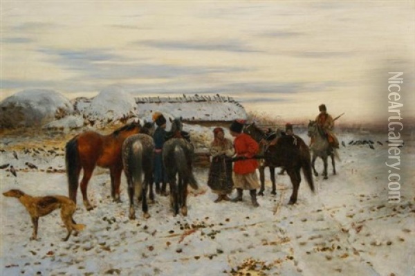 Russians In A Winter Landscape Oil Painting - Stanislaw Maslowski