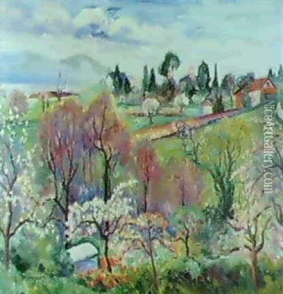 La Verger En Fleurs, Paysage Suisse Au Printemps 1916 Oil Painting - Henri Charles Manguin