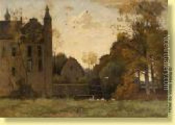 Canards Devant Un Chateau Oil Painting - Theophile Emile Achille De Bock