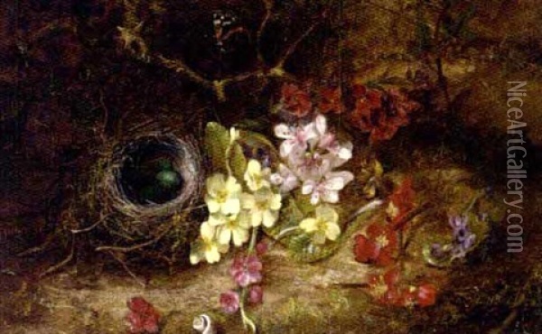Pansies, Cherry-blossom, A Bird's Nest And A Red Admiral Butterfly On A Mossy Bank Oil Painting - Edward George Handel Lucas