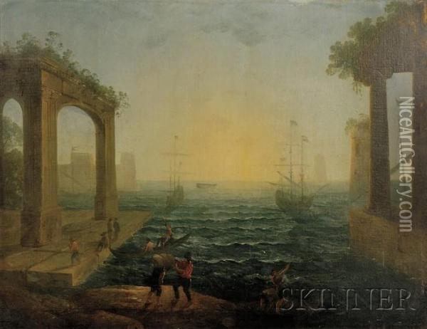 Harbor Scene With Figures And Classical Ruins Oil Painting - Claude Lorrain (Gellee)