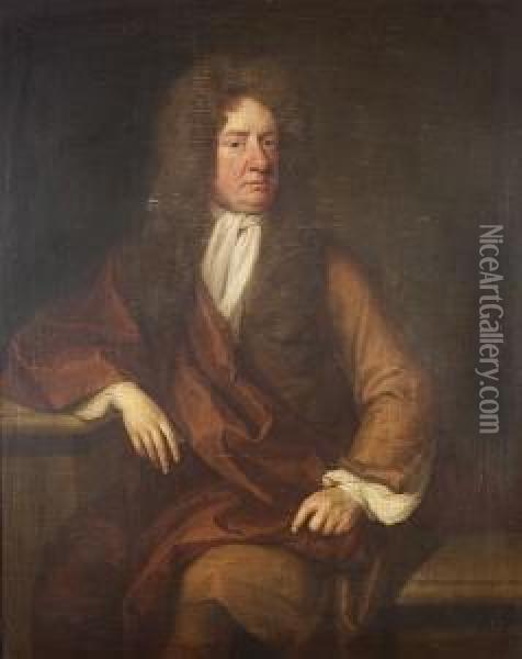 Portrait Of A Gentleman, 
Three-quarter Length, In A Brown Coat, Maroon Robe And White Jabot, 
Seated On A Stone Bench Beside A Stone Plinth Oil Painting - John Riley