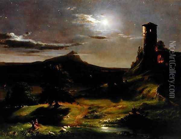 Landscape (Moonlight), c.1833-34 Oil Painting - Thomas Cole