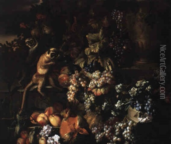 Still Life Of Grapes, Peaches, Melons Cascading Over A Ledge With Monkeys Oil Painting - Jean-Baptiste Monnoyer