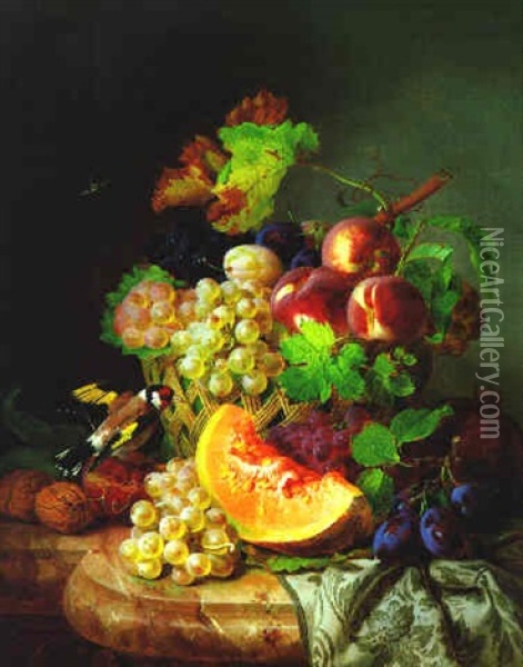 Fruchtestilleben Mit Granatapfel Und Einem Distelfink Oil Painting - Josef Lauer