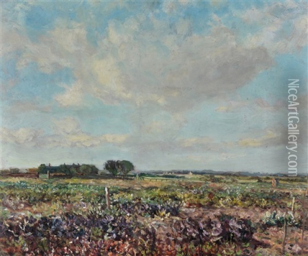 A North Tyneside Farm With Vegetables Growing In A Field In The Foreground Oil Painting - John Falconar Slater