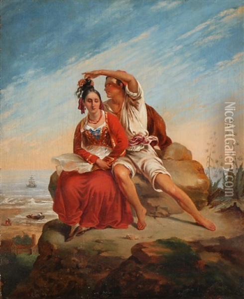 A Young Italian Man Cutting A Hair Lock Of His Girlfriend Oil Painting - Gustav Theodor Wegener