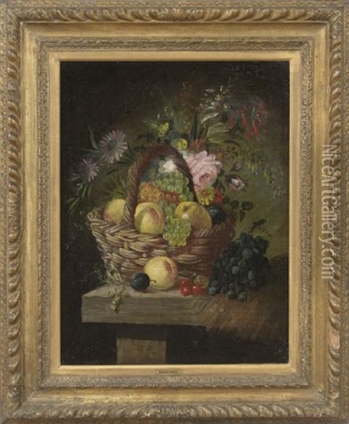 Still Life With Fruit And Flowers In A Basket Oil Painting - Edward Ladell