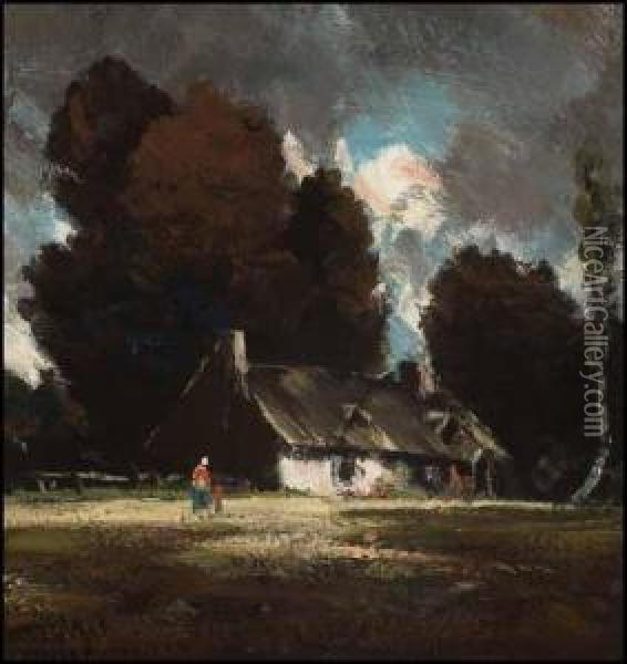 Storm Gathering With Family Outside A Cottage Oil Painting - Homer Ransford Watson