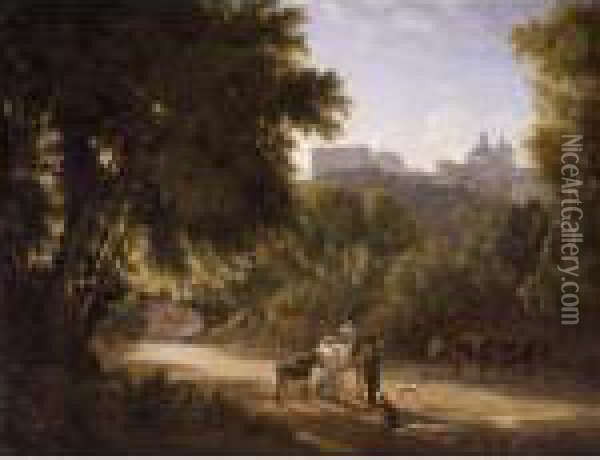 A Valley In The Alban Hills With
 Travellers On A Road, A View Of The Chigi Palace And Santa Maria 
Dell'assunta, Ariccia Beyond Oil Painting - Achille-Etna Michallon
