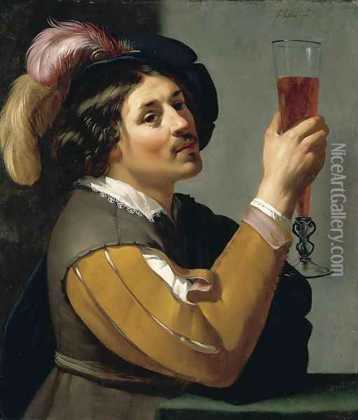 Young Man Drinking a Glass of Wine 1635-40 Oil Painting - Jan Hermansz. van Biljert